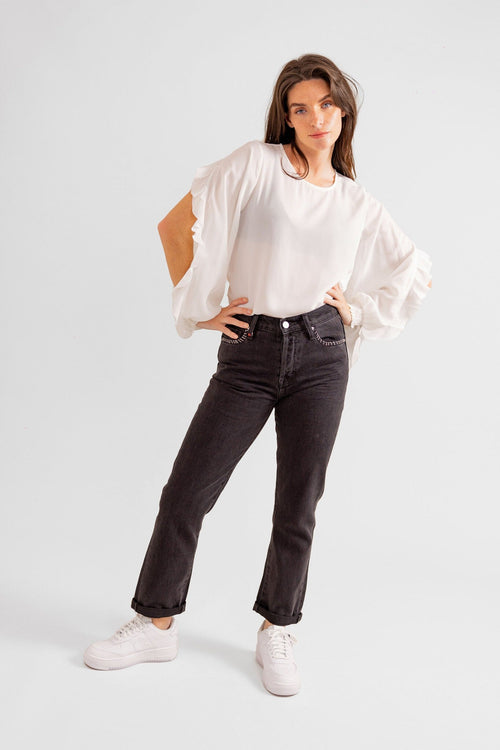 Jean mom noir à coutures PATRICIA MFN-C femme, BLACK, taille 26, porté par Eden (1m70) – photo 4