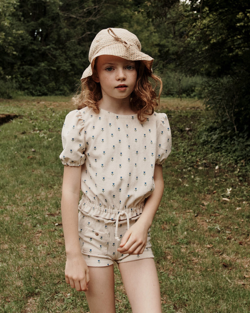 Cotton Hat - Beige And Green Dots - Girl