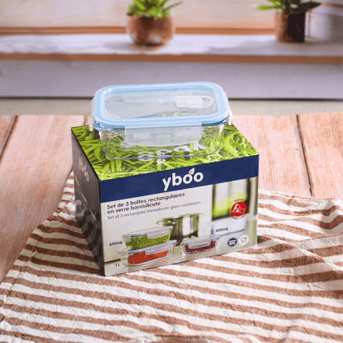 Juego de 3 cajas de almacenamiento rectangulares de vidrio - Transparente