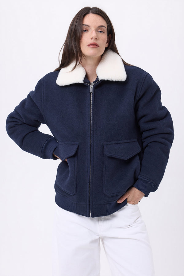 Veste Aviateur En Mélange De Laine Et Peau Lainée Yukon - Navy - Mixte - Cachemire Et Laine