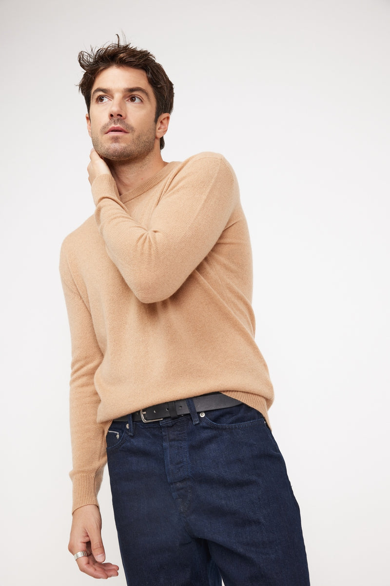 Zach Round Neck Sweater - Beige - 100% Cashmere Oeko-Tex - Man