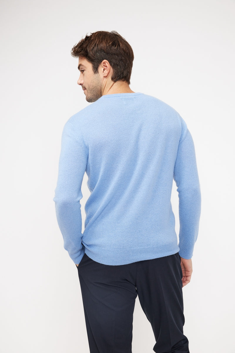 Pull Col Rond Zach - Bleu Ciel - 100% Cachemire Oeko-Tex - Homme