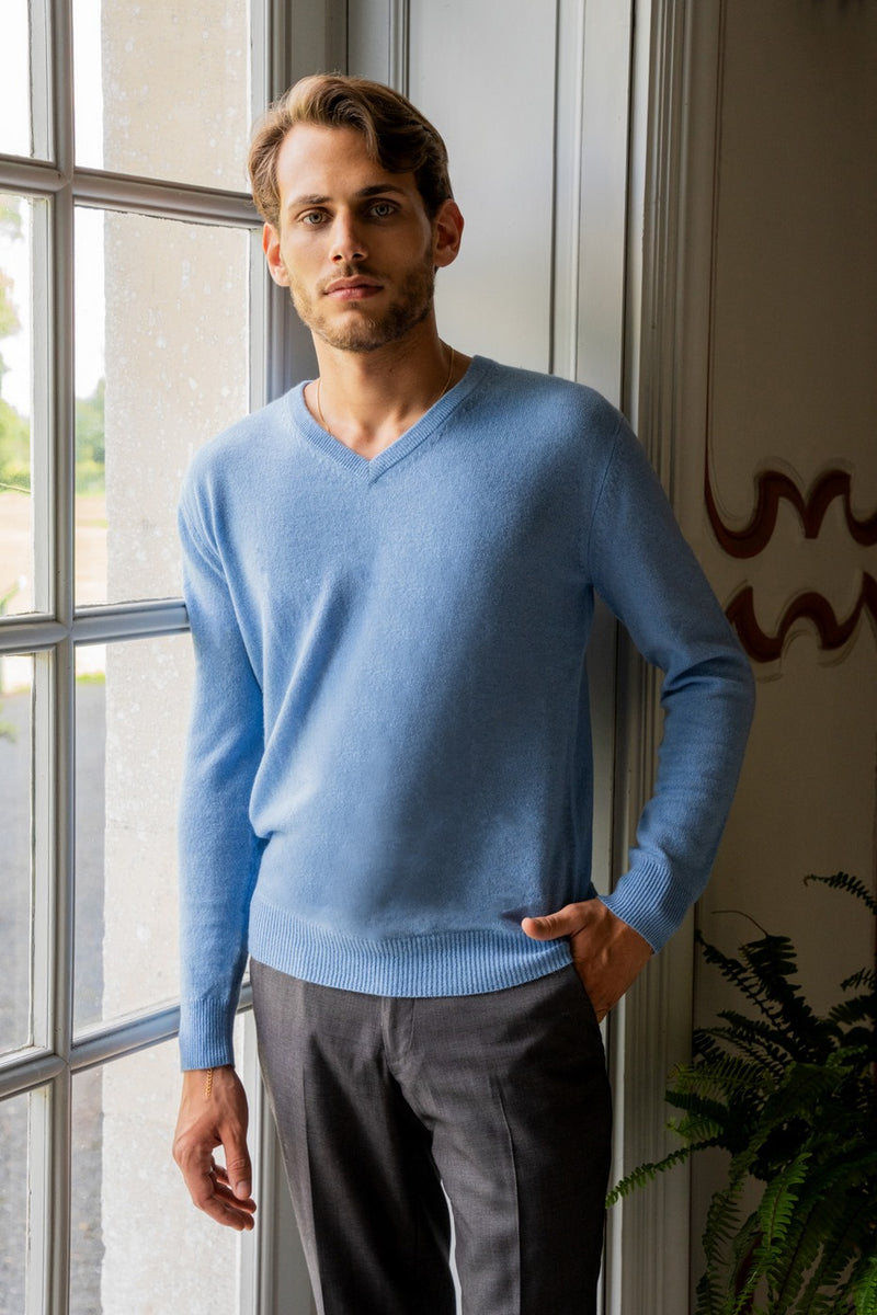 Pull Col V Zaher - Bleu Ciel - 100% Cachemire Oeko-Tex - Homme