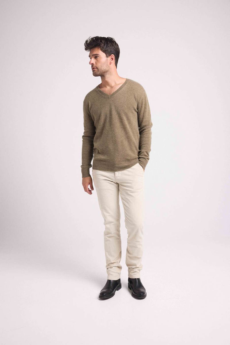 Zaher V-Neck Sweater - Khaki - 100% Cashmere Oeko-Tex - Man