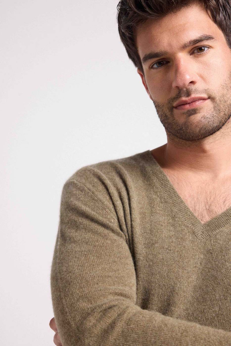 Zaher V-Neck Sweater - Khaki - 100% Cashmere Oeko-Tex - Man