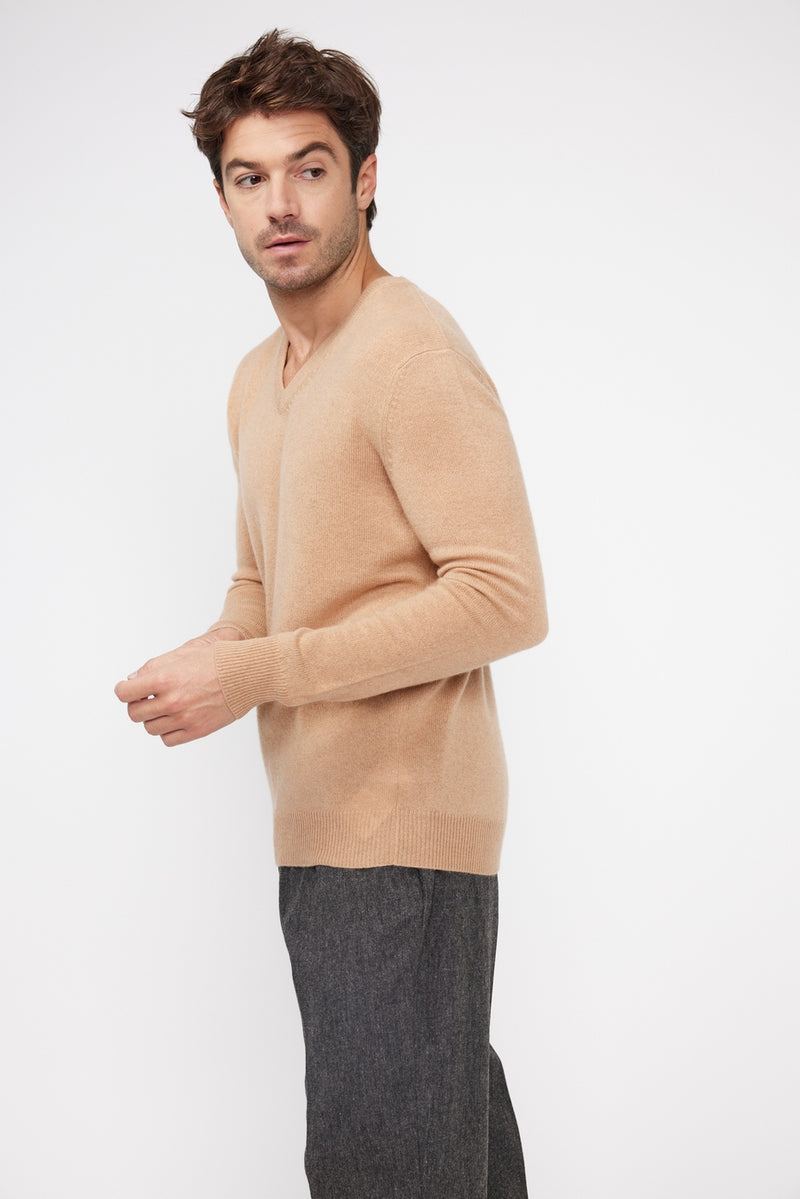 Pull Col V Zaher - Beige - 100% Cachemire Oeko-Tex - Homme