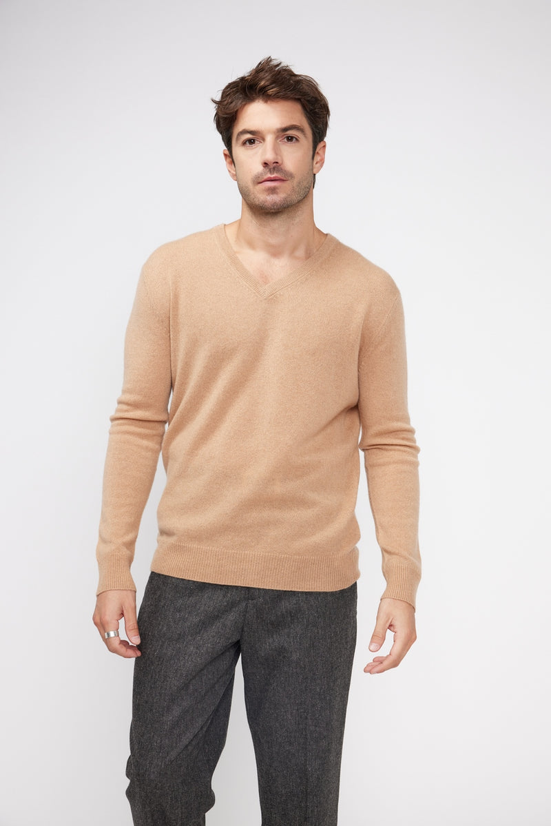 Pull Col V Zaher - Beige - 100% Cachemire Oeko-Tex - Homme