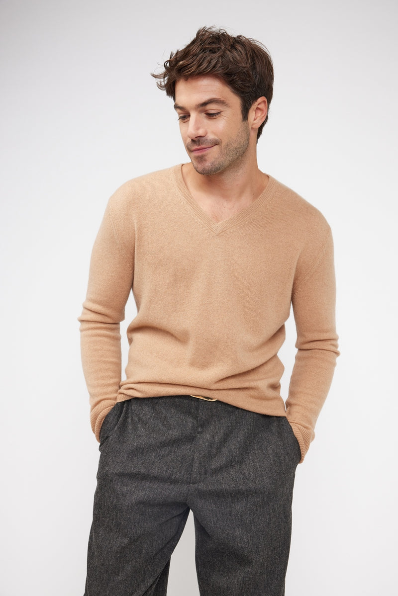 Pull Col V Zaher - Beige - 100% Cachemire Oeko-Tex - Homme