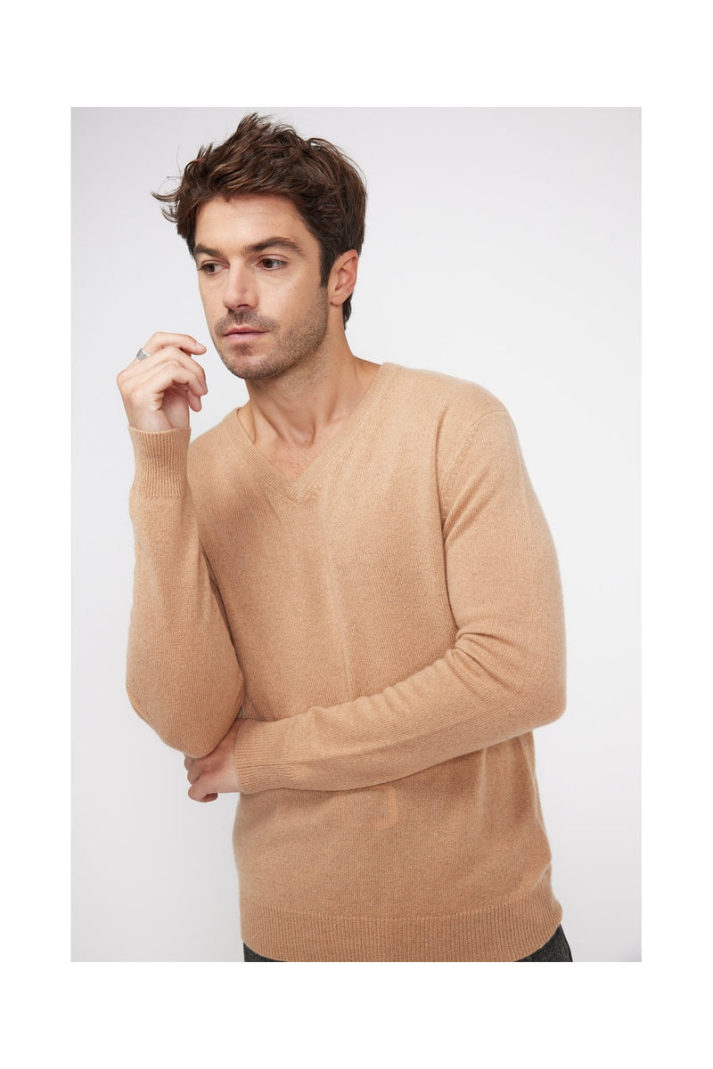 Pull Col V Zaher - Beige - 100% Cachemire Oeko-Tex - Homme