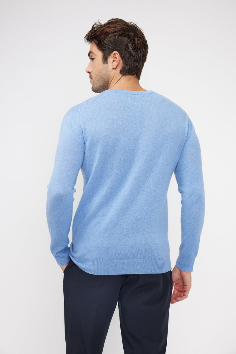 Pull Col V Zaher - Bleu Ciel - 100% Cachemire Oeko-Tex - Homme