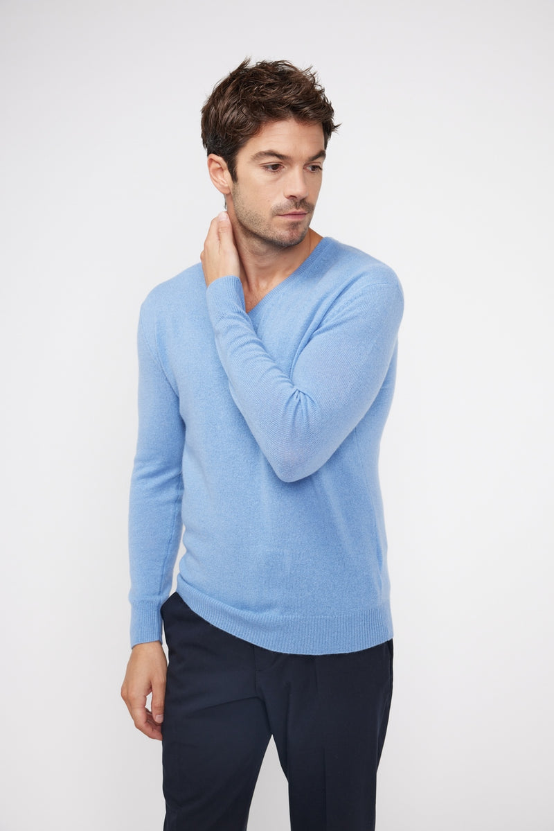 Pull Col V Zaher - Bleu Ciel - 100% Cachemire Oeko-Tex - Homme