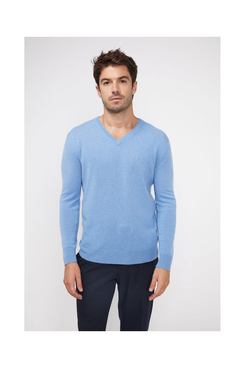 Pull Col V Zaher - Bleu Ciel - 100% Cachemire Oeko-Tex - Homme