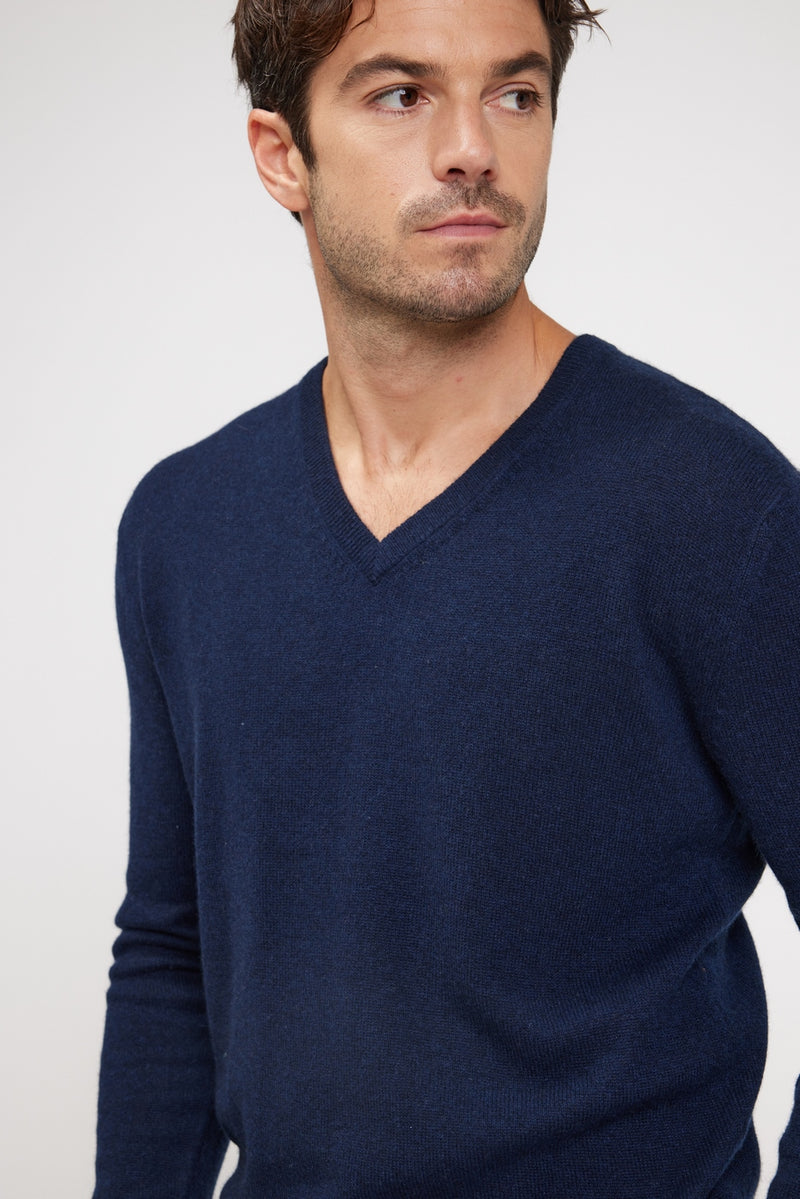 Pull Col V Zaher - Bleu Marine - 100% Cachemire Oeko-Tex - Homme