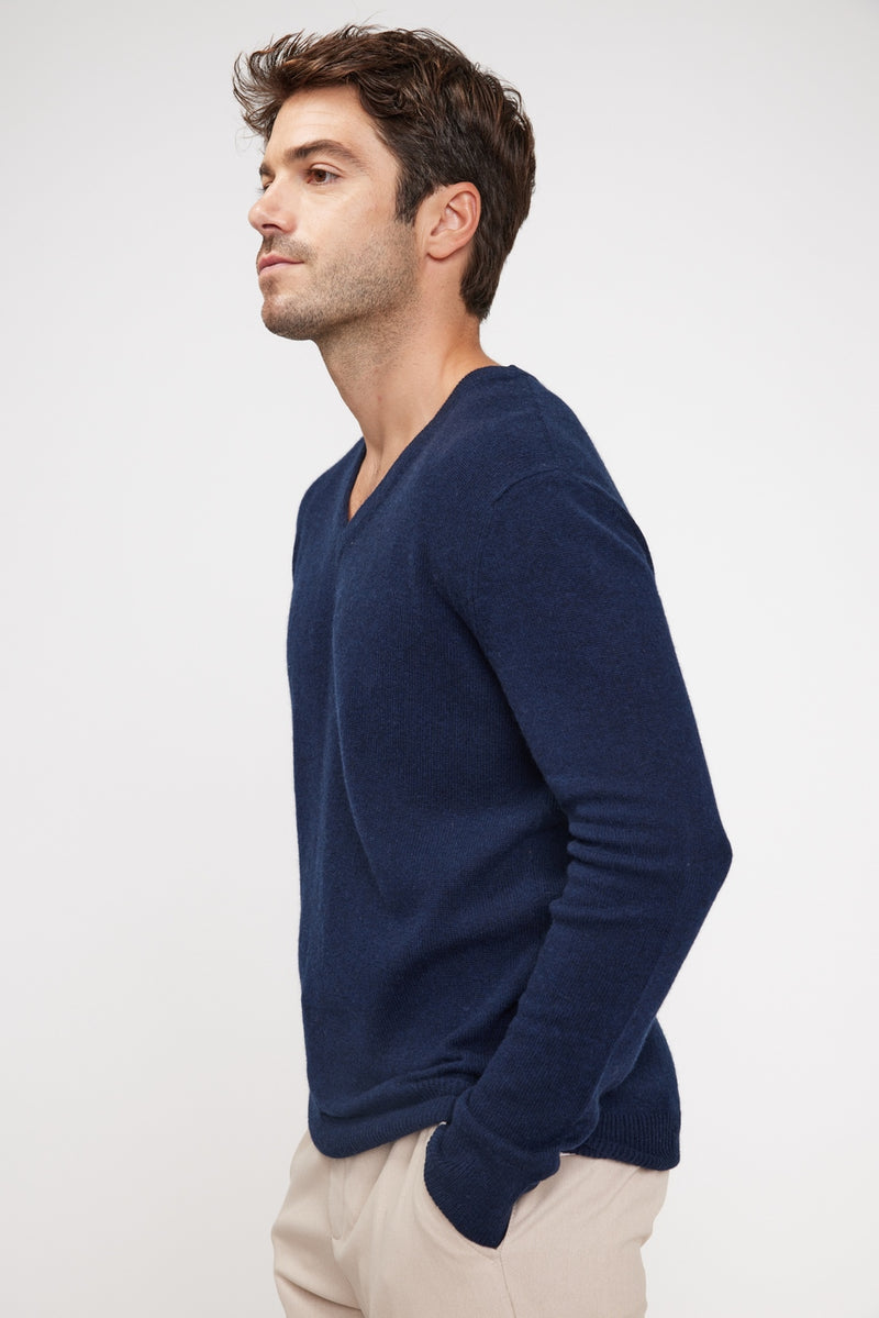 Pull Col V Zaher - Bleu Marine - 100% Cachemire Oeko-Tex - Homme