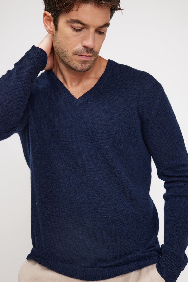 Pull Col V Zaher - Bleu Marine - 100% Cachemire Oeko-Tex - Homme