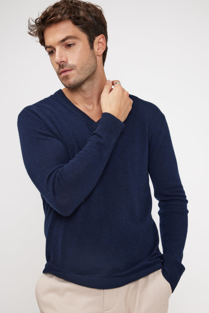 Pull Col V Zaher - Bleu Marine - 100% Cachemire Oeko-Tex - Homme