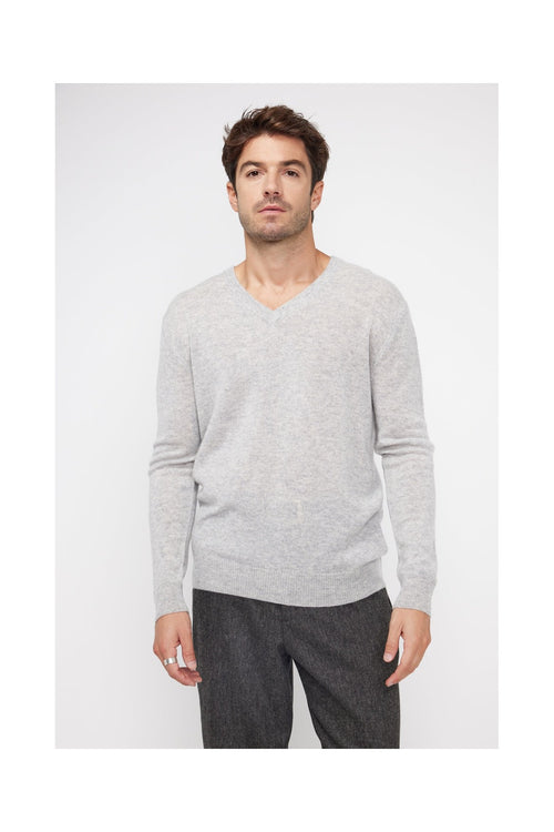 Pull Col V Zaher - Gris Perle - 100% Cachemire Oeko-Tex - Homme