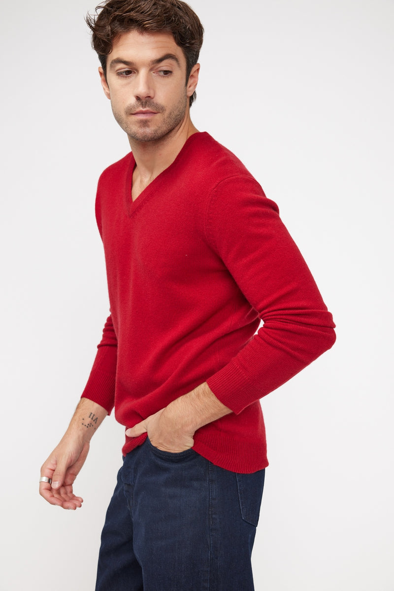 Pull Col V Zaher - Rouge - 100% Cachemire Oeko-Tex - Homme