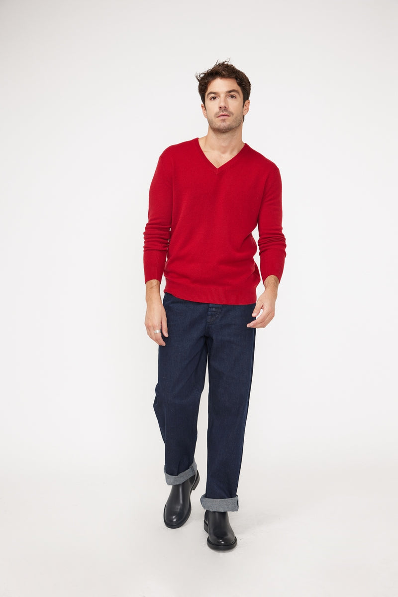 Pull Col V Zaher - Rouge - 100% Cachemire Oeko-Tex - Homme