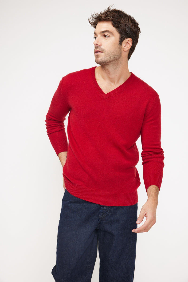 Pull Col V Zaher - Rouge - 100% Cachemire Oeko-Tex - Homme