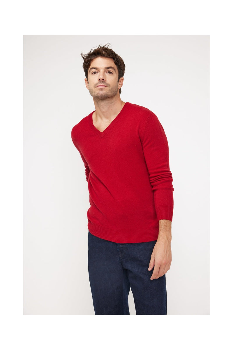 Pull Col V Zaher - Rouge - 100% Cachemire Oeko-Tex - Homme