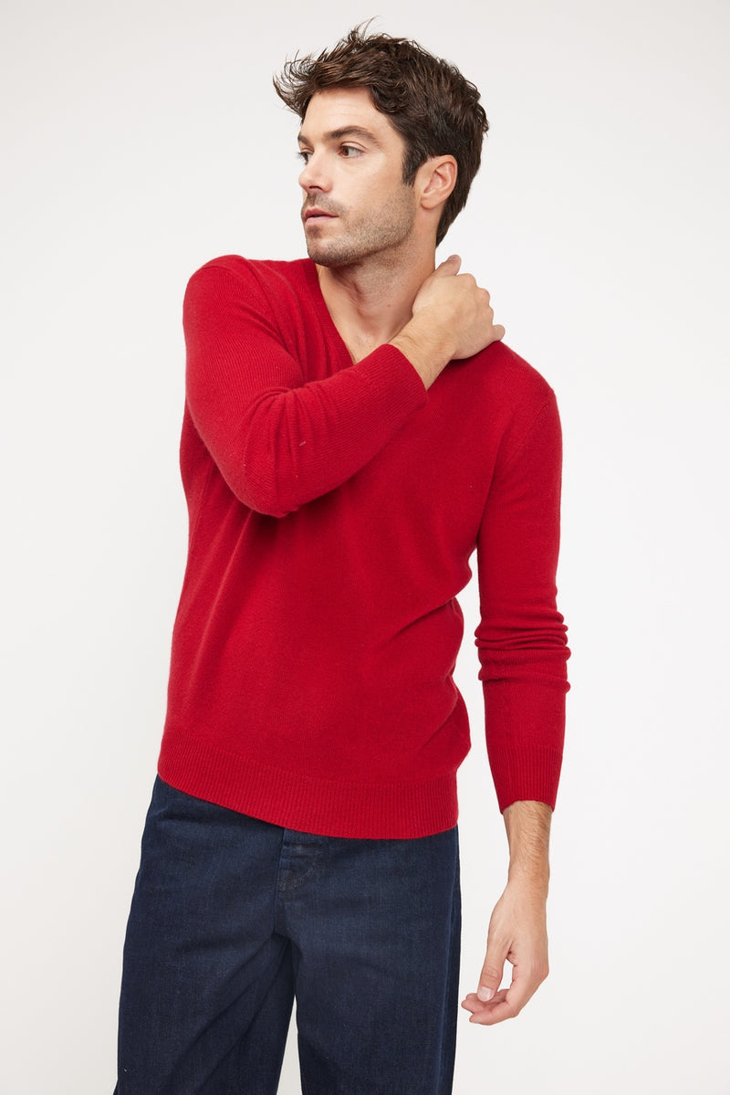 Pull Col V Zaher - Rouge - 100% Cachemire Oeko-Tex - Homme