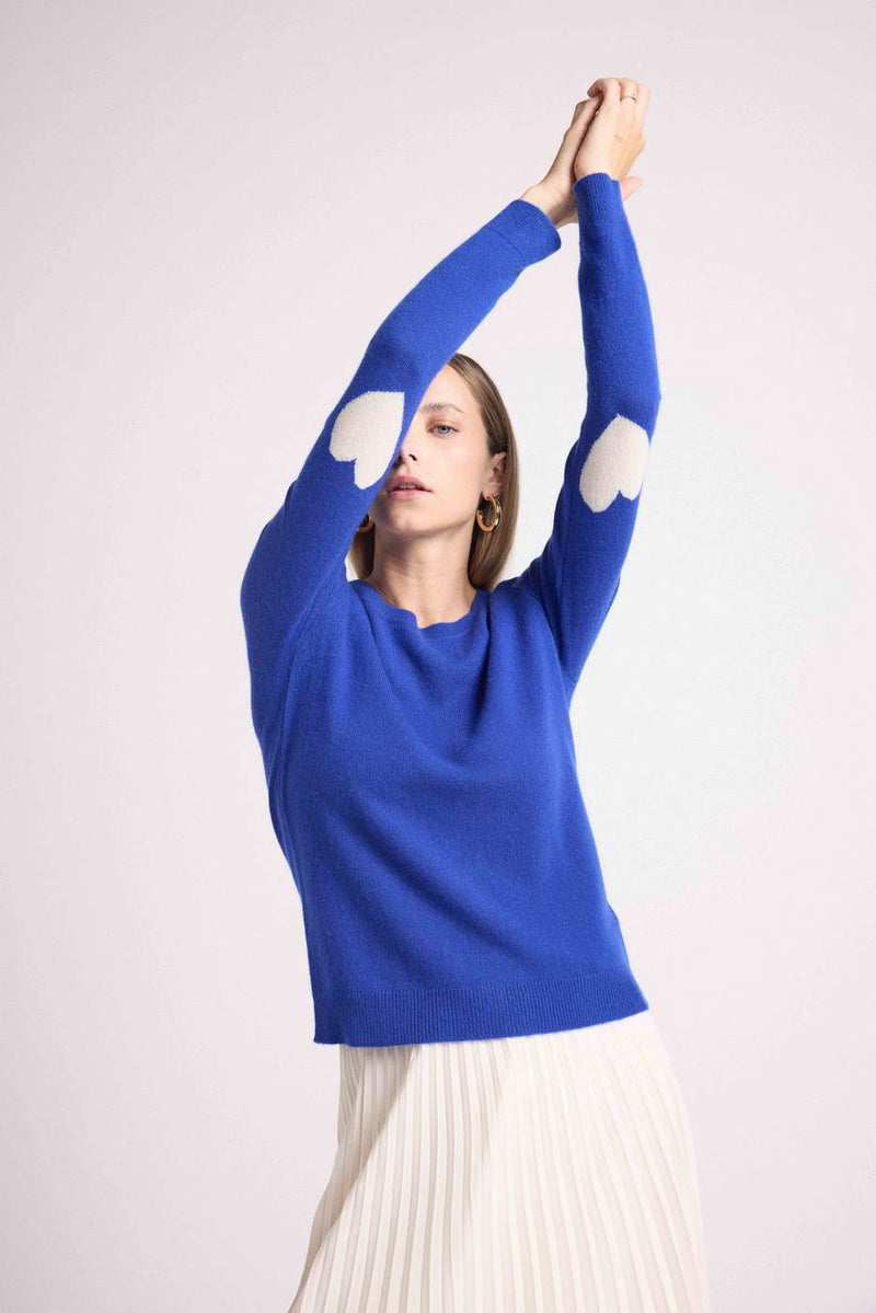 Pull Col Rond Coeur Coudes Zaime - Bleu Roi Blanc