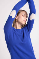 Pull Col Rond Coeur Coudes Zaime - Bleu Roi Blanc