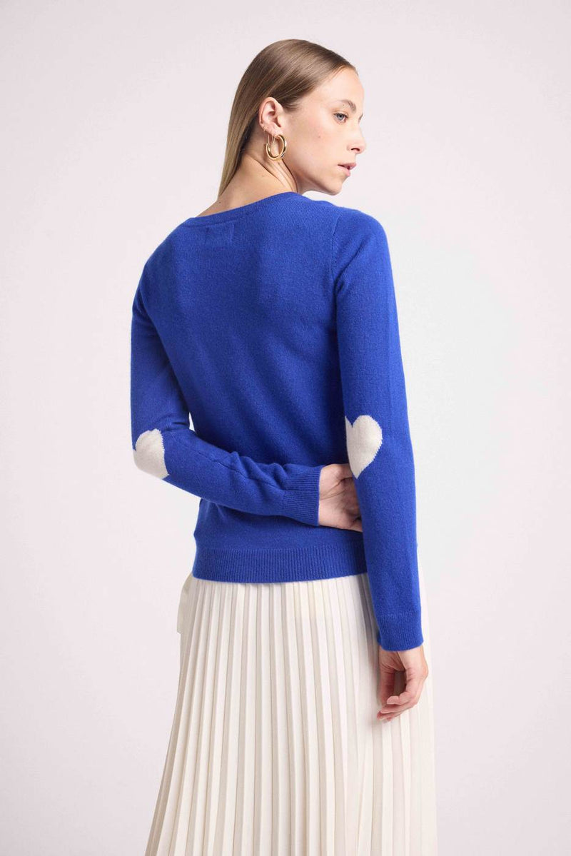 Pull Col Rond Coeur Coudes Zaime - Bleu Roi Blanc