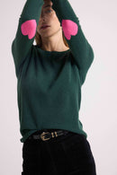 Pull Col Rond Coeur Coudes Zaime - Vert Bouteille Rose Fluo
