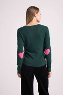 Pull Col Rond Coudes Cœurs Zaime - Vert Bouteille Et Coeurs Rose - 100% Cachemire Oeko-Tex - Femme