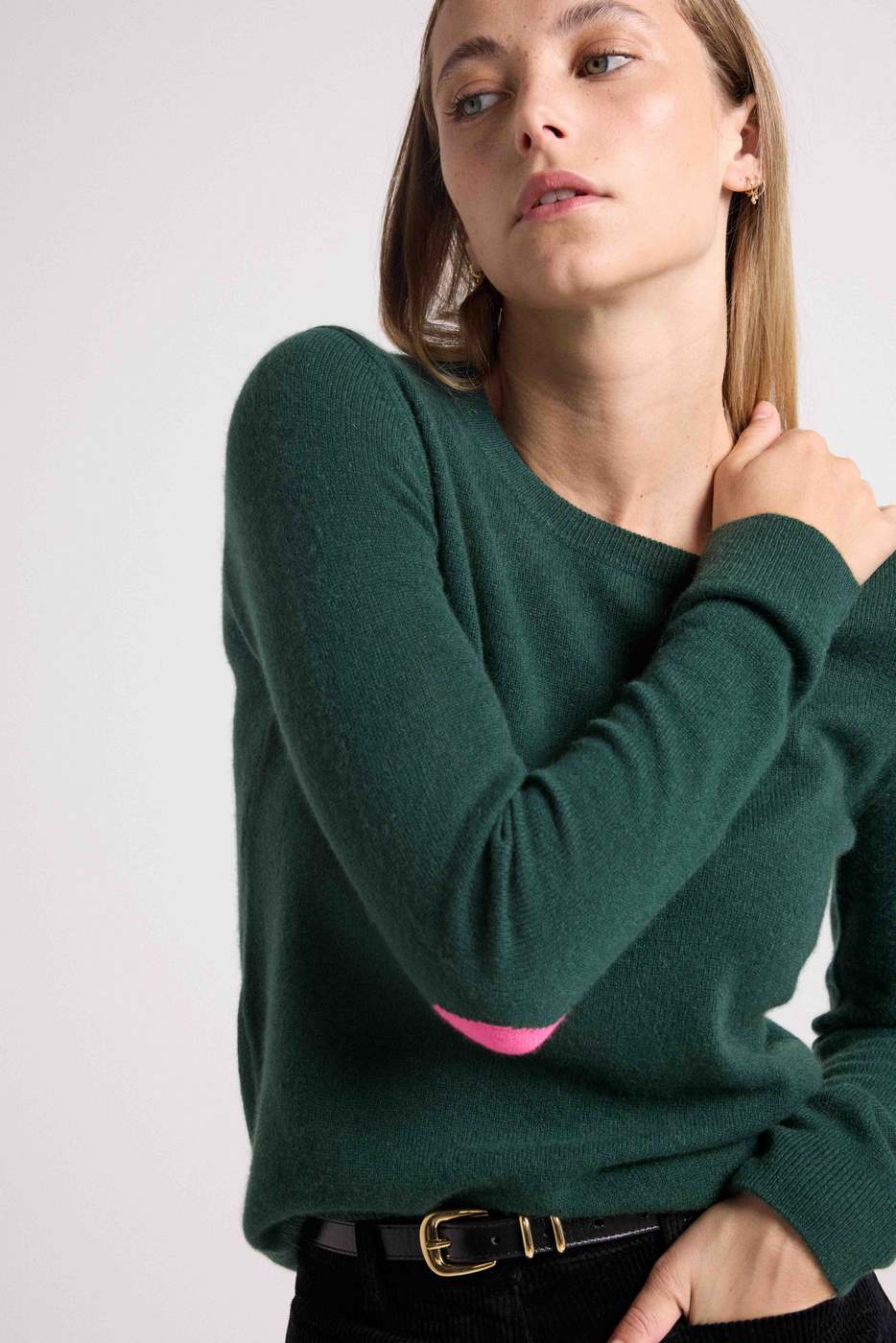 Jersey Cuello Redondo Corazón Codos Zaime - Verde Botella Rosa Flúor