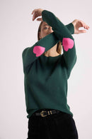 Pull Col Rond Coeur Coudes Zaime - Vert Bouteille Rose Fluo