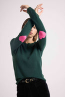 Pull Col Rond Coeur Coudes Zaime - Vert Bouteille Rose Fluo