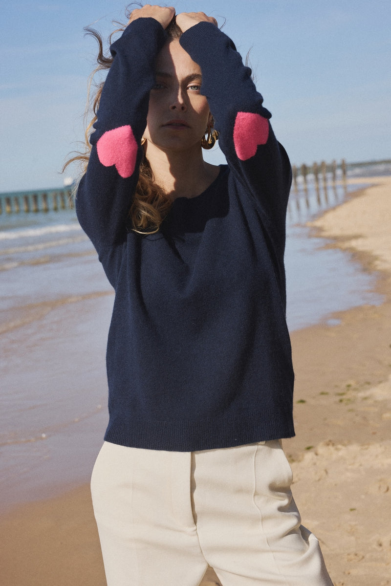 Zaime Crewneck Sweater - Navy Blue Fluorescent Pink - 100% Recycled Cashmere - Woman