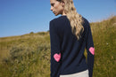 Pull Col Rond Coeur Coudes Zaime - Bleu Marine Rose Fluo