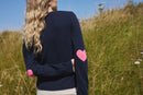 Pull Col Rond Coeur Coudes Zaime - Bleu Marine Rose Fluo