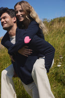 Pull Col Rond Coeur Coudes Zaime - Bleu Marine Rose Fluo