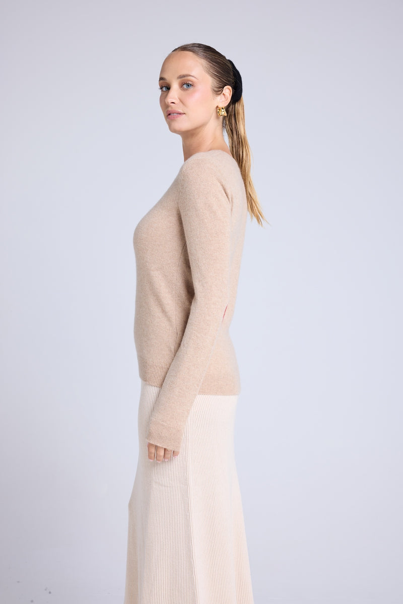 Pull Col Rond Coeur Coudes Zaime - Beige Crème Rouge