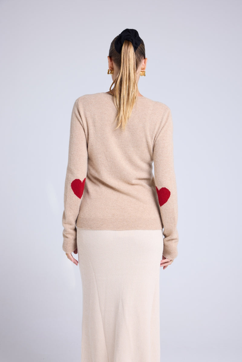 Pull Col Rond Coeur Coudes Zaime - Beige Crème Rouge