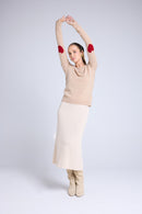 Pull Col Rond Coeur Coudes Zaime - Beige Crème Rouge