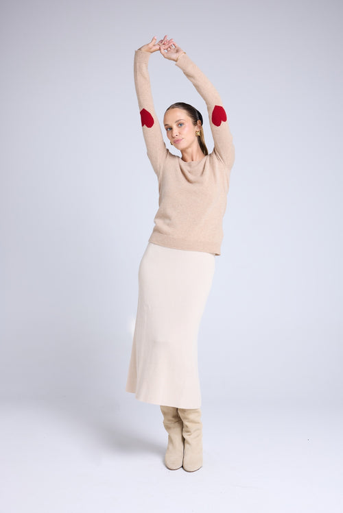 Pull Col Rond Coeur Coudes Zaime - Beige Crème Rouge