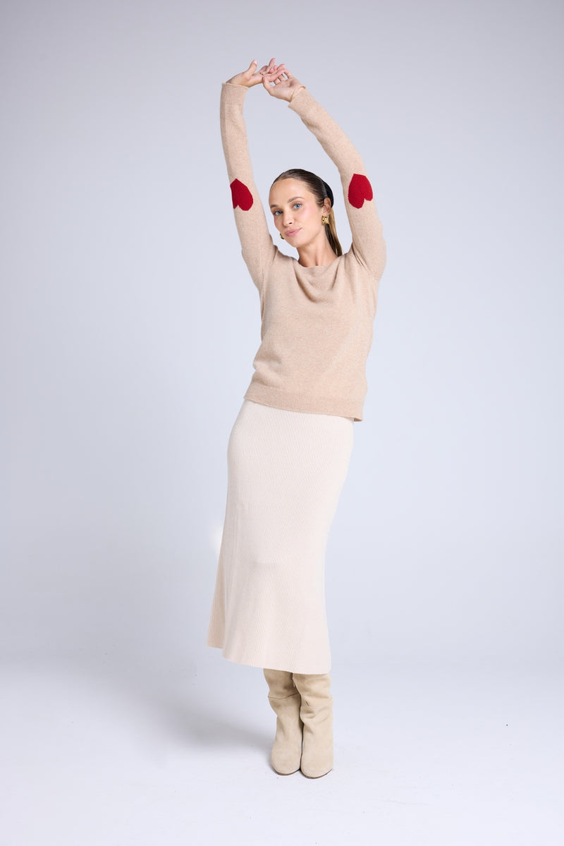 Pull Col Rond Coeur Coudes Zaime - Beige Crème Rouge