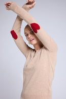 Pull Col Rond Coeur Coudes Zaime - Beige Crème Rouge