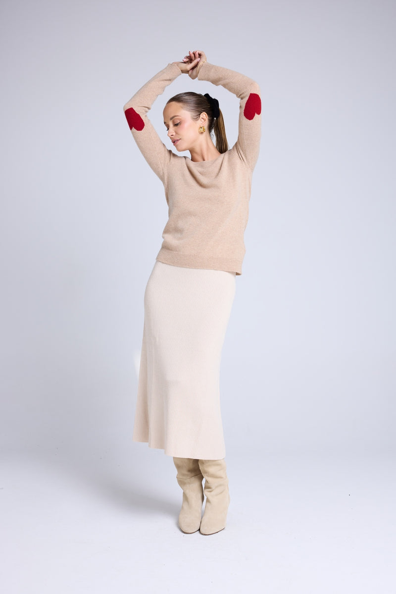 Pull Col Rond Coeur Coudes Zaime - Beige Crème Rouge