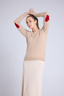 Pull Col Rond Coeur Coudes Zaime - Beige Crème Rouge