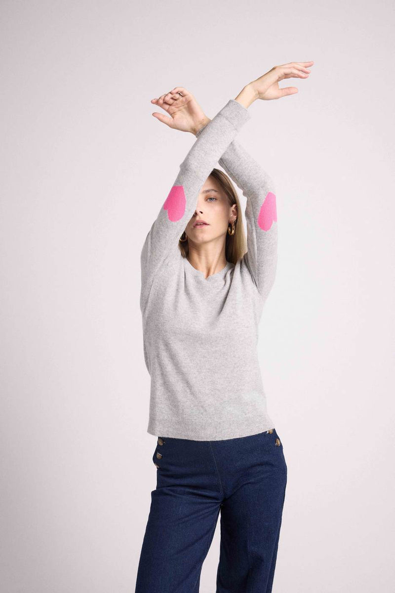 Pull Col Rond Coeur Coudes Zaime - Gris Clair Rose Fluo