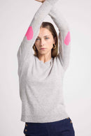 Pull Col Rond Coeur Coudes Zaime - Gris Clair Rose Fluo