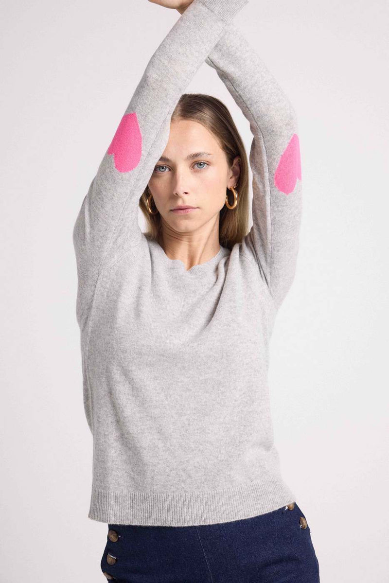 Pull Col Rond Coeur Coudes Zaime - Gris Clair Rose Fluo
