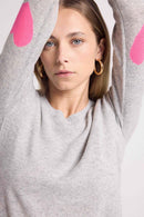 Pull Col Rond Coeur Coudes Zaime - Gris Clair Rose Fluo